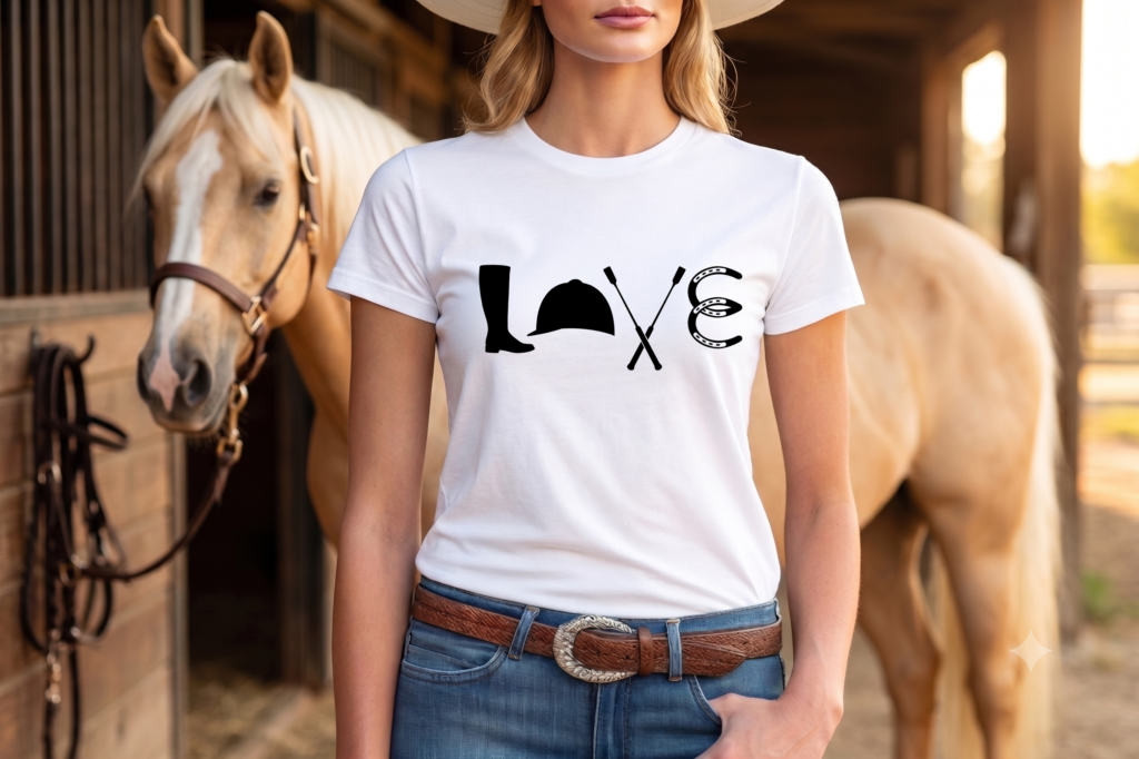 T-shirt "LOVE" – laars, cap, zweep & hoefijzers